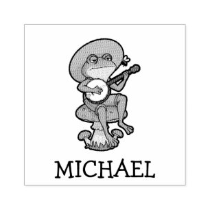 Personalised Cute Frog Playing Banjo on Mushroom Rubber Stamp