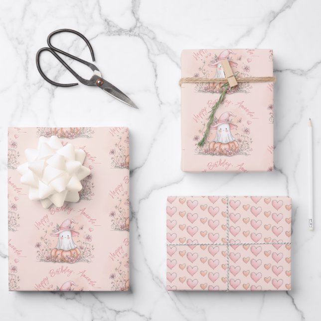 Personalised Cute Ghost Birthday Wrapping Paper Sheet (Front)