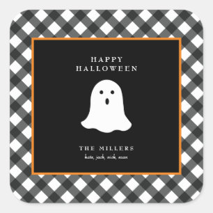 Personalised Cute Ghost Halloween Gingham Square Sticker