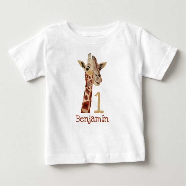 Personalised Cute Giraffe First Birthday Name Baby T-Shirt (Front)