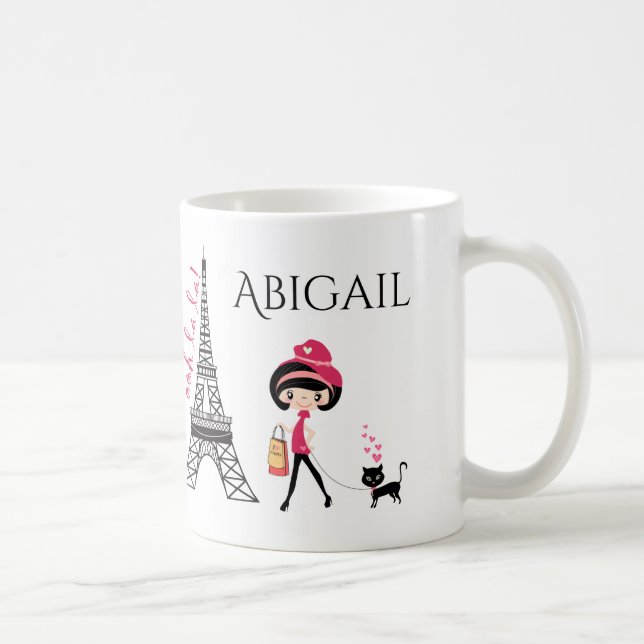 Personalised Cute Girl and Cat Eiffel Tower Paris Coffee Mug (Right)