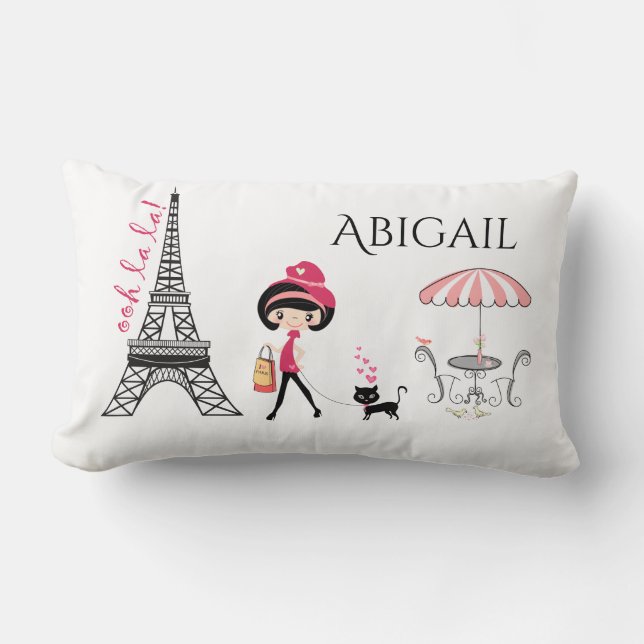 Personalised Cute Girl and Cat Eiffel Tower Paris Lumbar Cushion (Front)