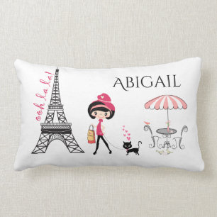 Personalised Cute Girl and Cat Eiffel Tower Paris Lumbar Cushion