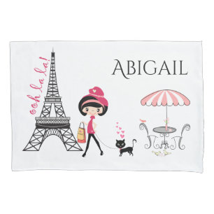 Personalised Cute Girl and Cat Eiffel Tower Paris Pillowcase