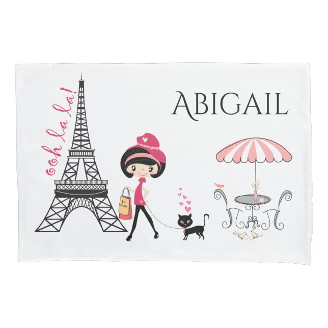 Personalised Cute Girl and Cat Eiffel Tower Paris Pillowcase (Front)