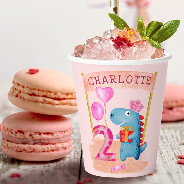 Personalised Cute Girly Dinosaur 2 Years Birthday Paper Cups (Creator Uploaded)