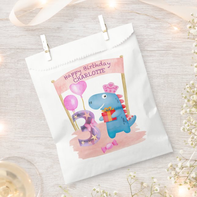 Personalised Cute Girly Dinosaur 3 Years Birthday Favour Bag (Clipped)