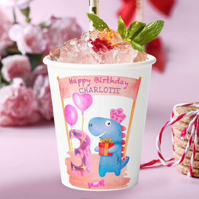 Personalised Cute Girly Dinosaur 3 Years Birthday Paper Cups (Creator Uploaded)
