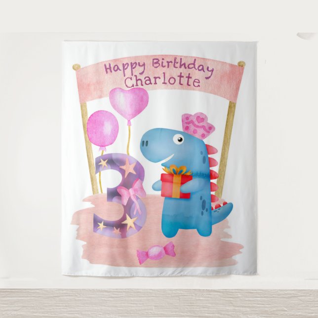 Personalised Cute Girly Dinosaur 3 Years Birthday Tapestry (Front)