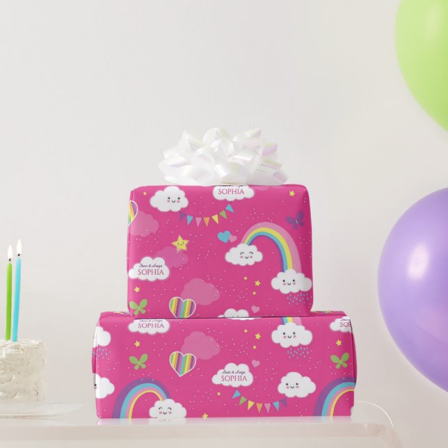 Personalised Cute Girly Pink Rainbow & Skies Wrapping Paper (Party Gifts)