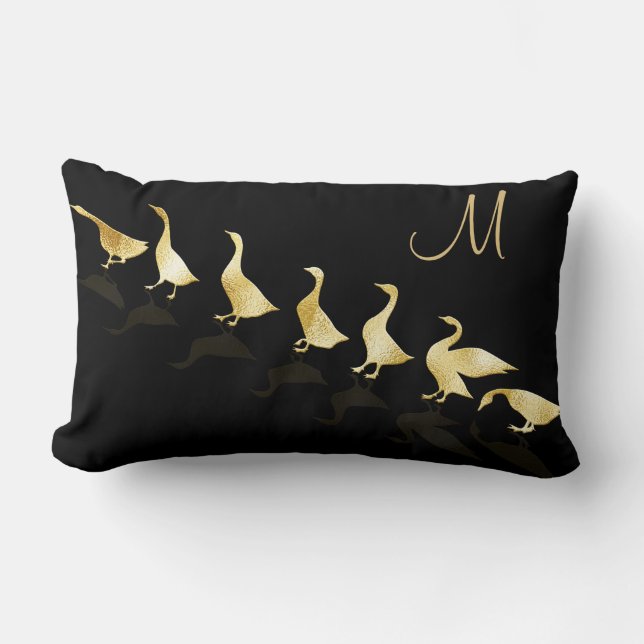 Personalised Cute Gold Foil Geese Black Lumbar Cushion (Front)