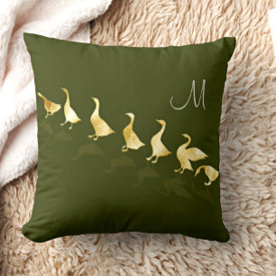 Personalised Cute Gold Foil Geese Dark Sage Green Lumbar Cushion