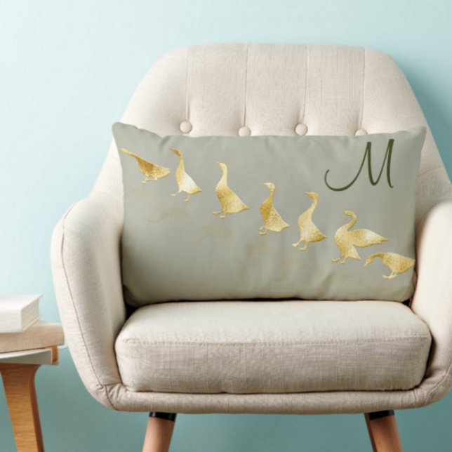 Personalised Cute Gold Foil Geese Pale Sage Green Lumbar Cushion (Creator Uploaded)