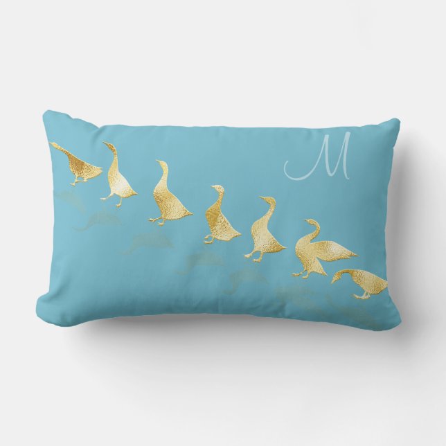 Personalised Cute Gold Foil Geese Pretty Blue Lumbar Cushion (Front)