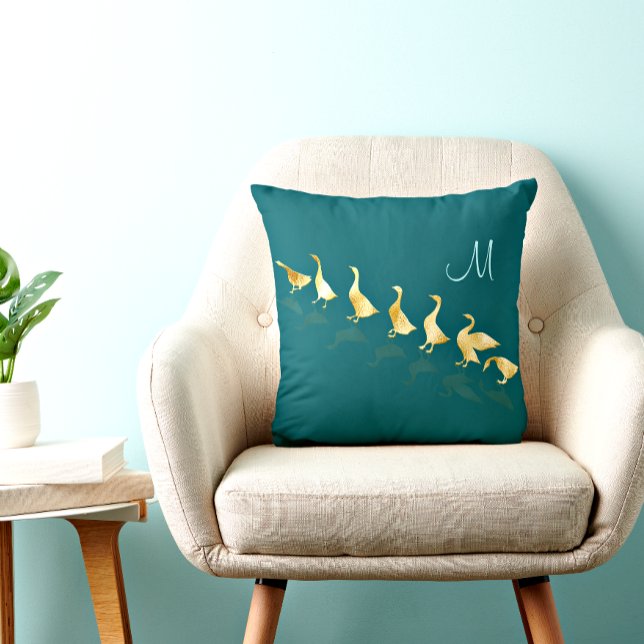 Personalised Cute Gold Foil Geese Teal Aqua Lumbar Cushion (Creator Uploaded)