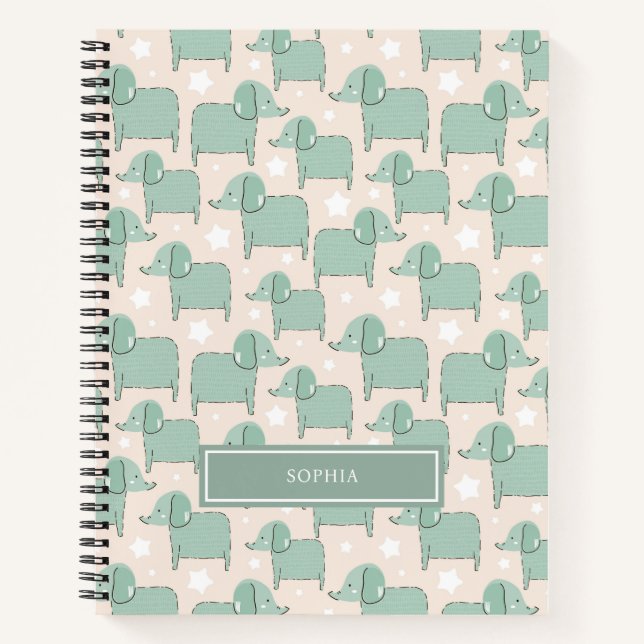 Personalised Cute Green Animal Elephant Pattern Notebook (Front)