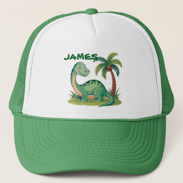 Personalised Cute Green Dinosaur . Palm Tree Desig Trucker Hat (Front)