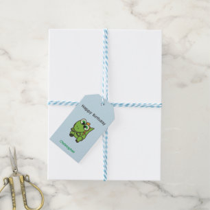Personalised cute green dinosaurs blue birthday gift tags