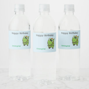 Personalised cute green dinosaurs blue birthday water bottle label