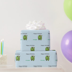 Personalised cute green dinosaurs blue birthday wrapping paper