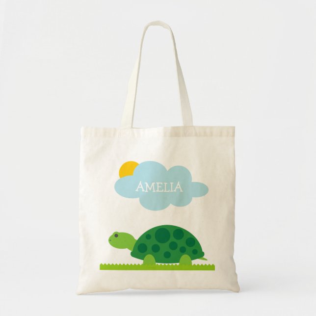 Personalised cute green turtle kids tote bag (Front)