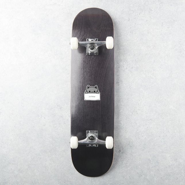 Personalised Cute Grey Cat Name Label Die-Cut (Skateboard)