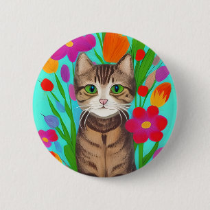 Personalised Cute Grey Cat with Colourful Flowers 6 Cm Round Badge