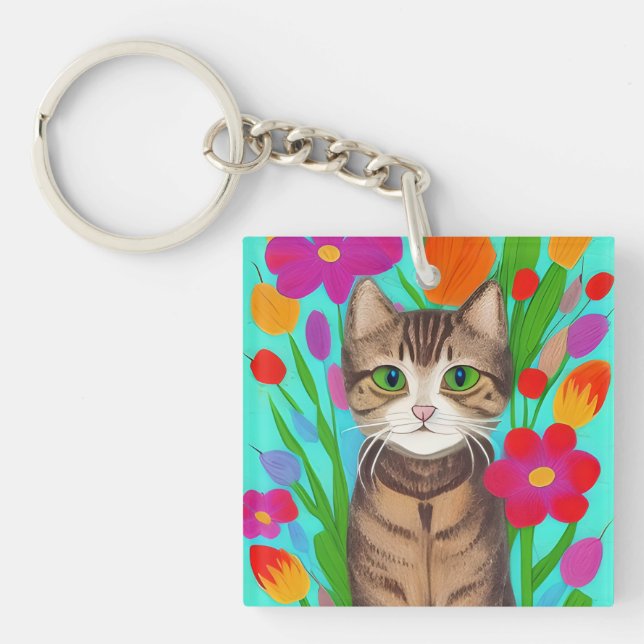 Personalised Cute Grey Cat with Colourful Flowers Key Ring (Front)