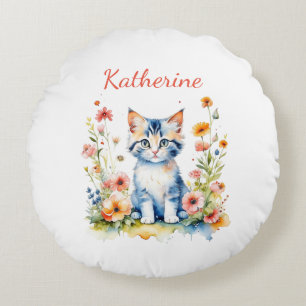 Personalised Cute Grey Kitten Nursery Room Art Round Cushion