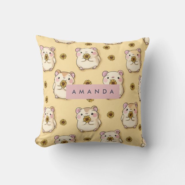 Personalised Cute Hamster & Yellow Flower Pattern Cushion (Front)