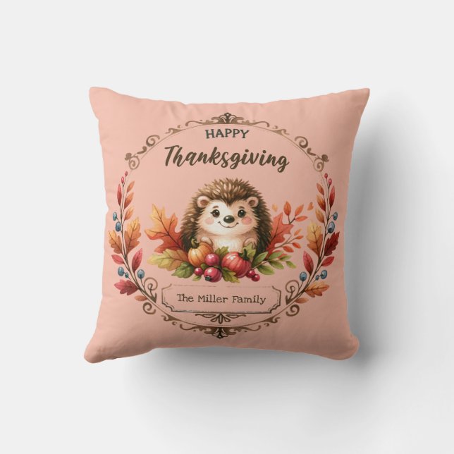 Personalised Cute Hedgehog Happy Thanksgiving Cushion (Back)