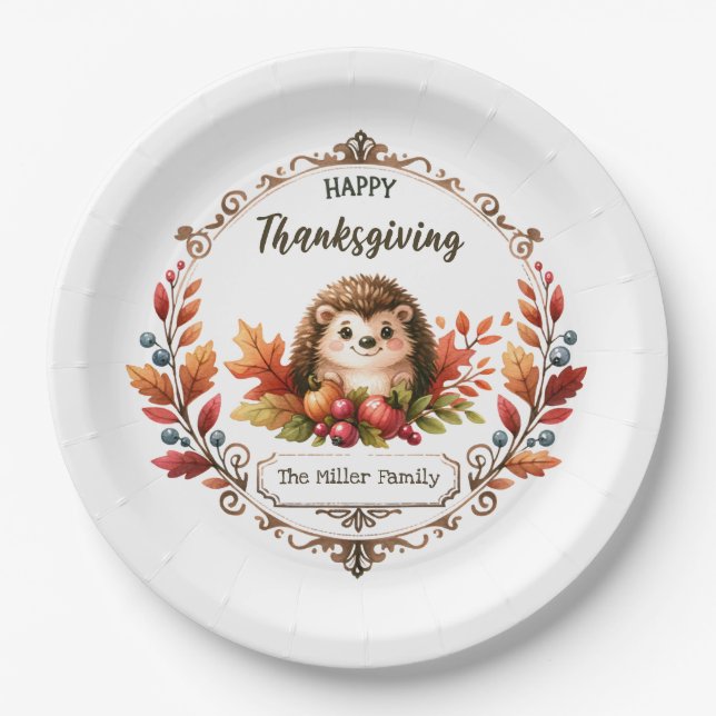 Personalised Cute Hedgehog Happy Thanksgiving  Paper Plate (Front)