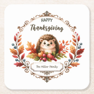 Personalised Cute Hedgehog Happy Thanksgiving  Square Paper Coaster