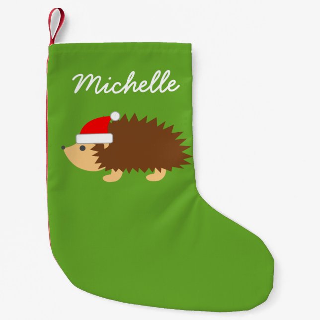 Personalised cute hedgehog santa hat kids Holiday Small Christmas Stocking (Front)