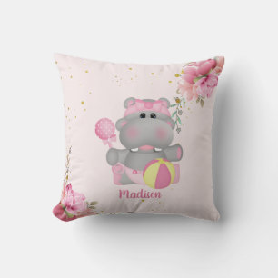 Personalised Cute Hippo Pink and Gold Floral  Cushion