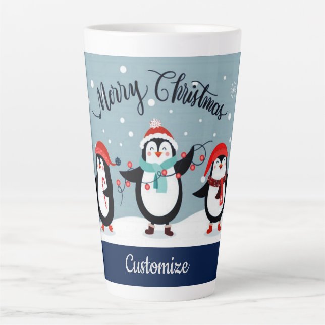 Personalised Cute Holiday Penguins Latte Mug (Front)