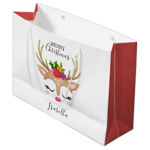 Personalised Cute Holiday Reindeer Face Christmas Large Gift Bag