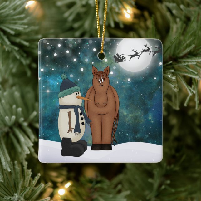 Personalised Cute Horse and Snowman Christmas Ceramic Ornament (Tree)