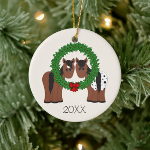 Personalised Cute Horse Couple Christmas Wreath Ceramic Ornament