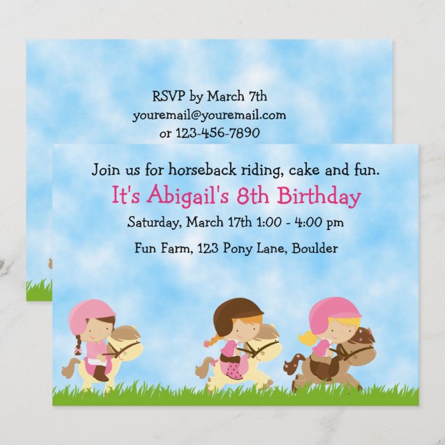 Personalised Cute Horseback Riding Girls Birthday Invitation (Front/Back)