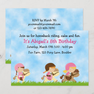 Personalised Cute Horseback Riding Girls Birthday Invitation