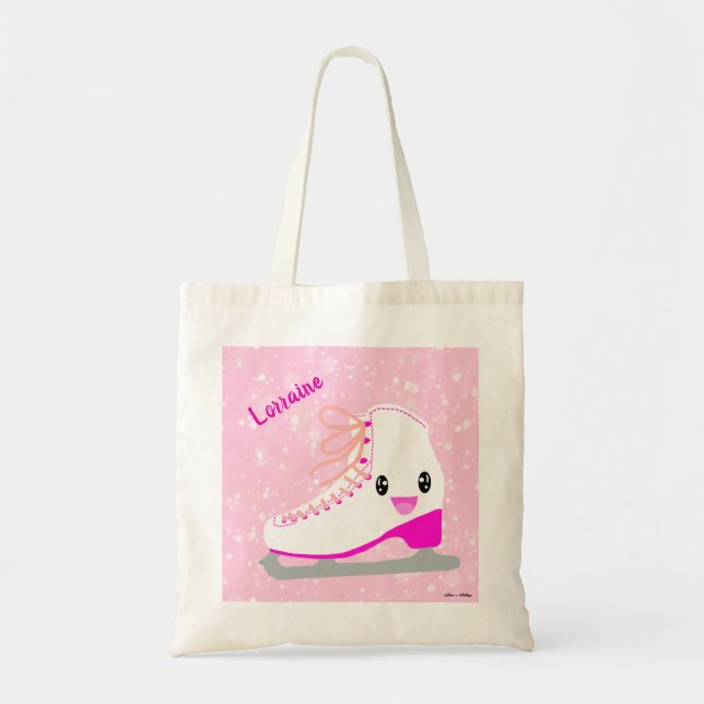 Personalised Cute Ice Skate Kawaii Pink Skating Tote Bag (Front)