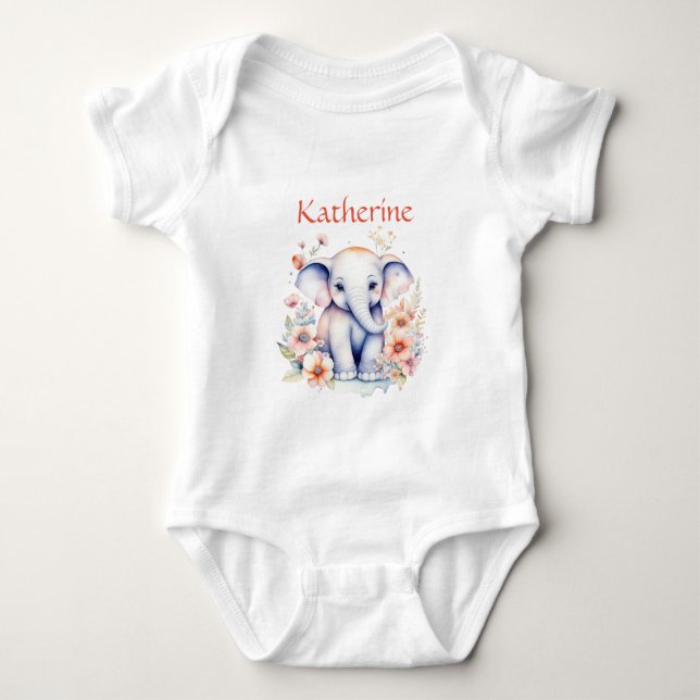 Personalised Cute Illustration of a Baby Elephant Baby Bodysuit (Front)