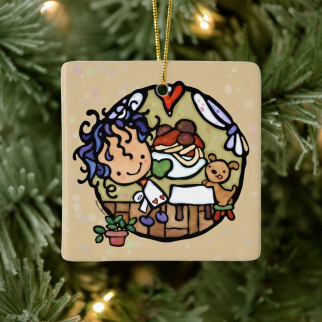 Personalised Cute Italian Cooking Spaghetti Puppy Ceramic Ornament (Tree)