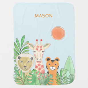Personalised Cute Jungle Animals Baby’s Name Blue Baby Blanket