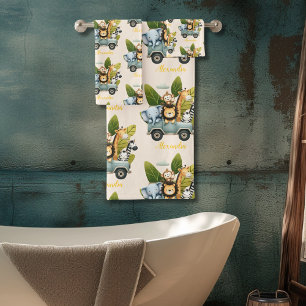 Personalised Cute Jungle Animals Kids  Bath Towel Set