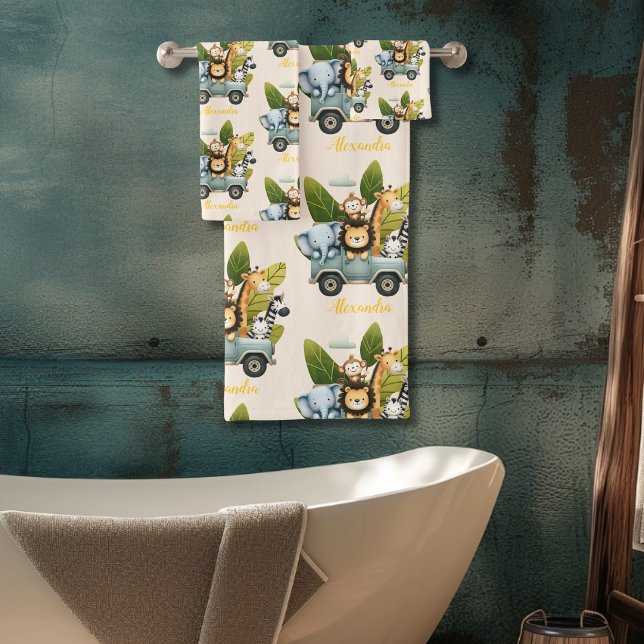 Personalised Cute Jungle Animals Kids  Bath Towel Set (Creator Uploaded)