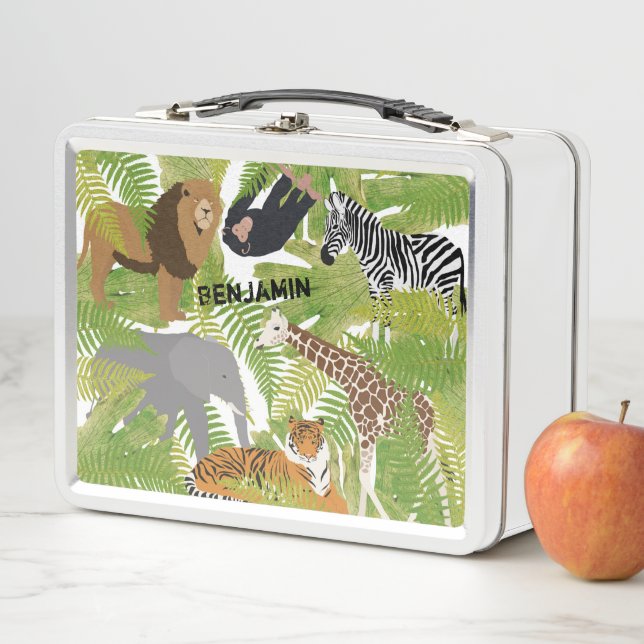 Personalised Cute Jungle Animals Safari Boy | Girl Metal Lunch Box (In Situ)