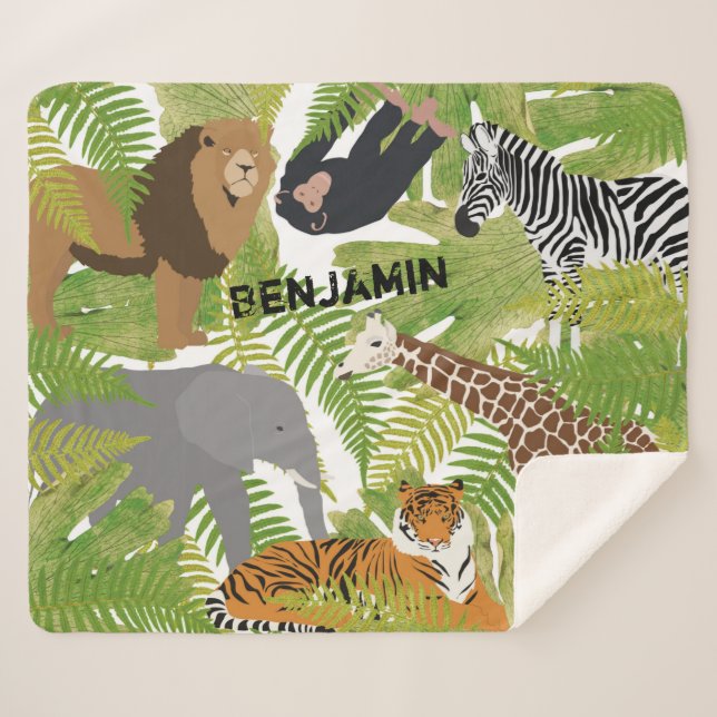Personalised Cute Jungle Animals Safari Boy | Girl Sherpa Blanket (Front (Horizontal))