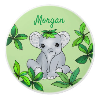 Personalised Cute Jungle Baby Elephant with Leaves Ceramic Knob